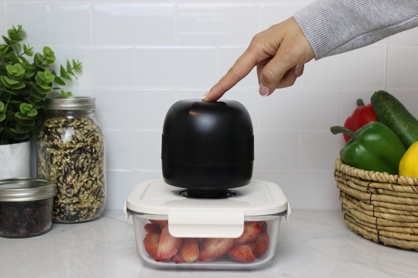 Using VidaVac vacuum sealer to seal a marinate container for leak-free food storage