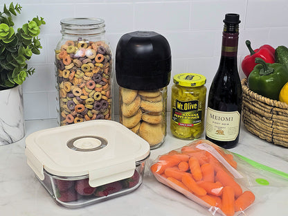 VidaVac vacuum sealer shown with jars, twist lid containers, vacuum seal bags, marinate container, and wine bottle — showcasing its multifunctional uses
